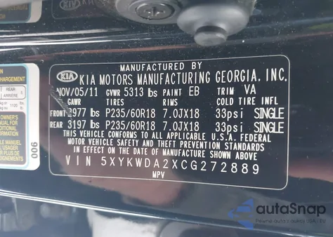 2012 Kia Sorento Sx V6 z USA, uszkodzony, nr VIN 5XYKWDA2XCG272889